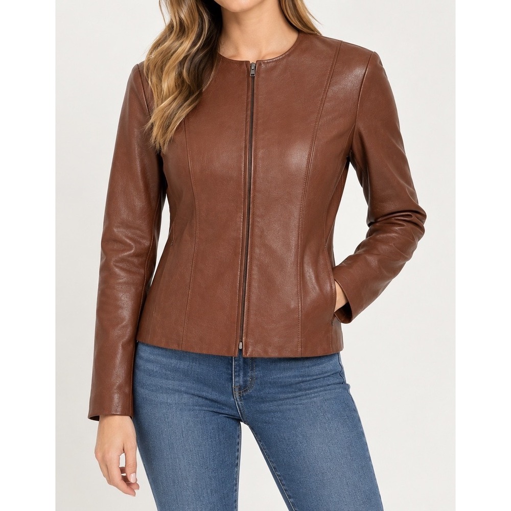 Theory Ozzane Wilmore Lamb Leather Jacket Womens Medium Collarless Brown